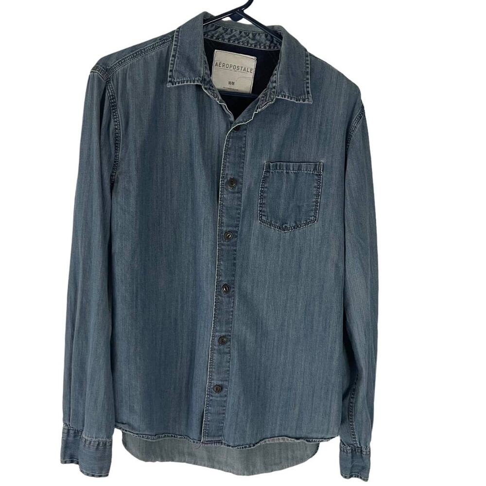 Aeropostale Mens Medium Blue Denim Long Sleeve Button Down Shirt Cotton Chambray